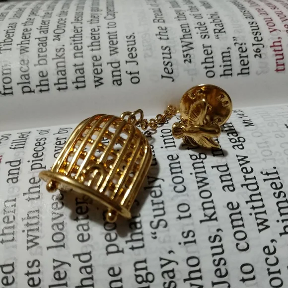 Vintage Designer Monet Chain Lapel Brooch/Pin Bird Cage with Bird on End  - Picture 11 of 11